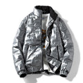 Plus-size women's shiny thick cotton winter coat in black cardigan style with side pockets and slim fit