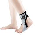 Grey ankle support brace with airbag button fastener shown on a left foot