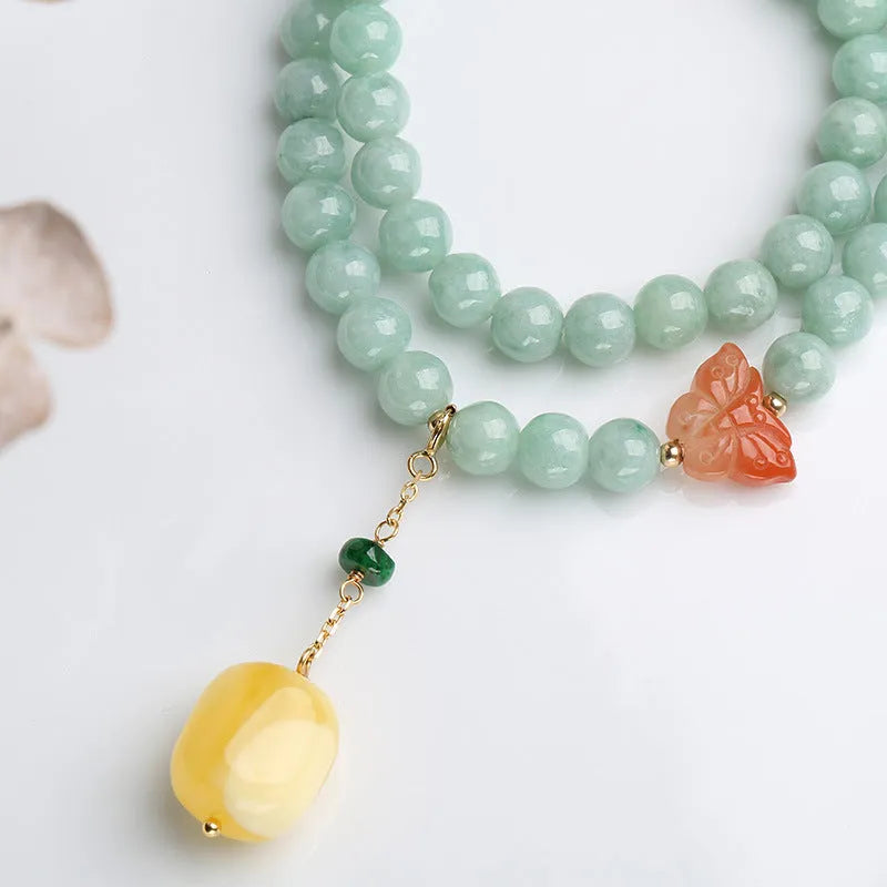 Emerald green double-layer jade bracelet with geometric beeswax barrel beads