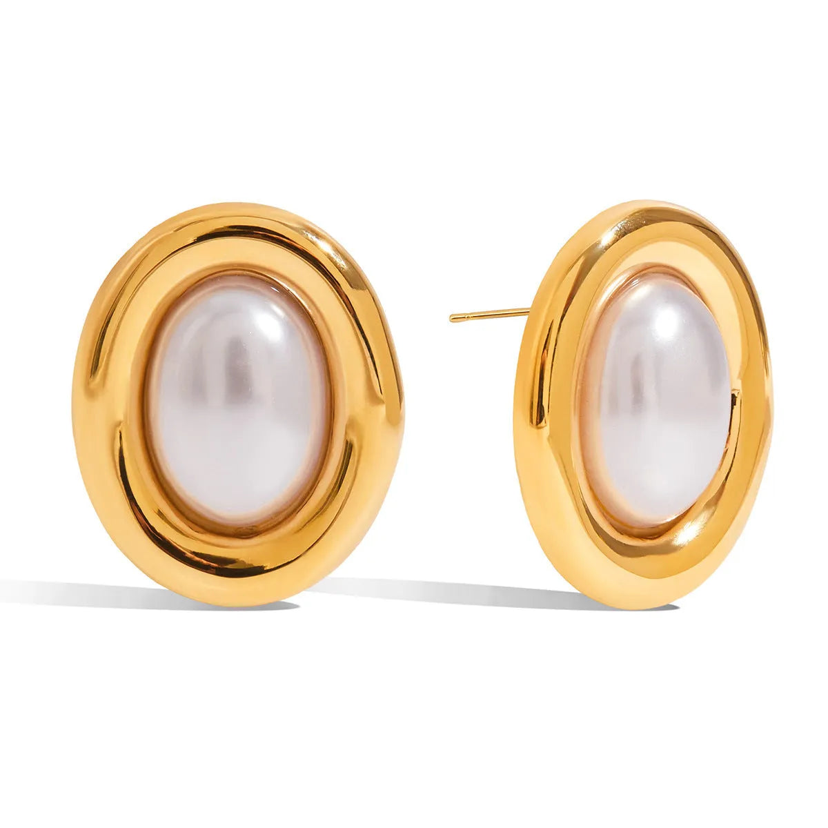 A pair of stainless steel vintage pearl stud earrings for women with a silver-toned finish and a fixed white pearl.