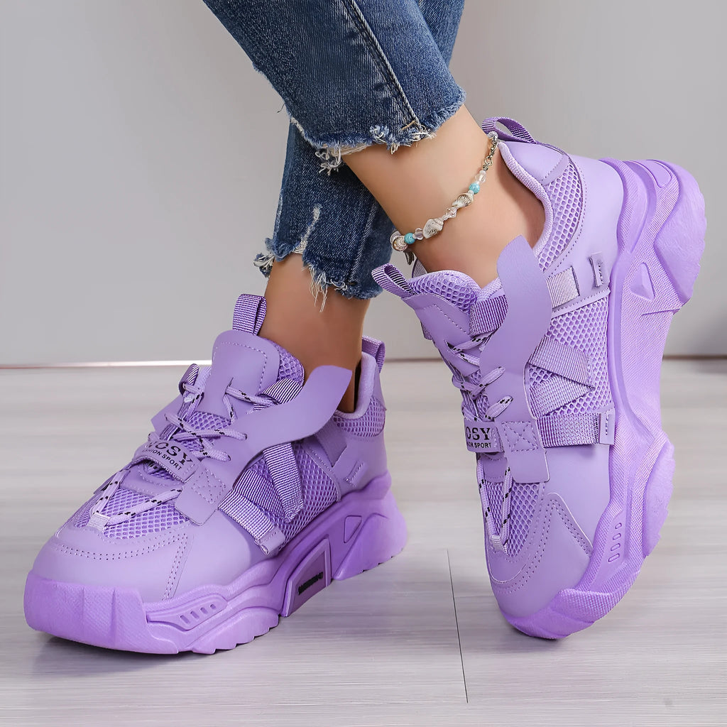 Women's purple platform mesh sports shoes with animal pattern design and lace-up front closure