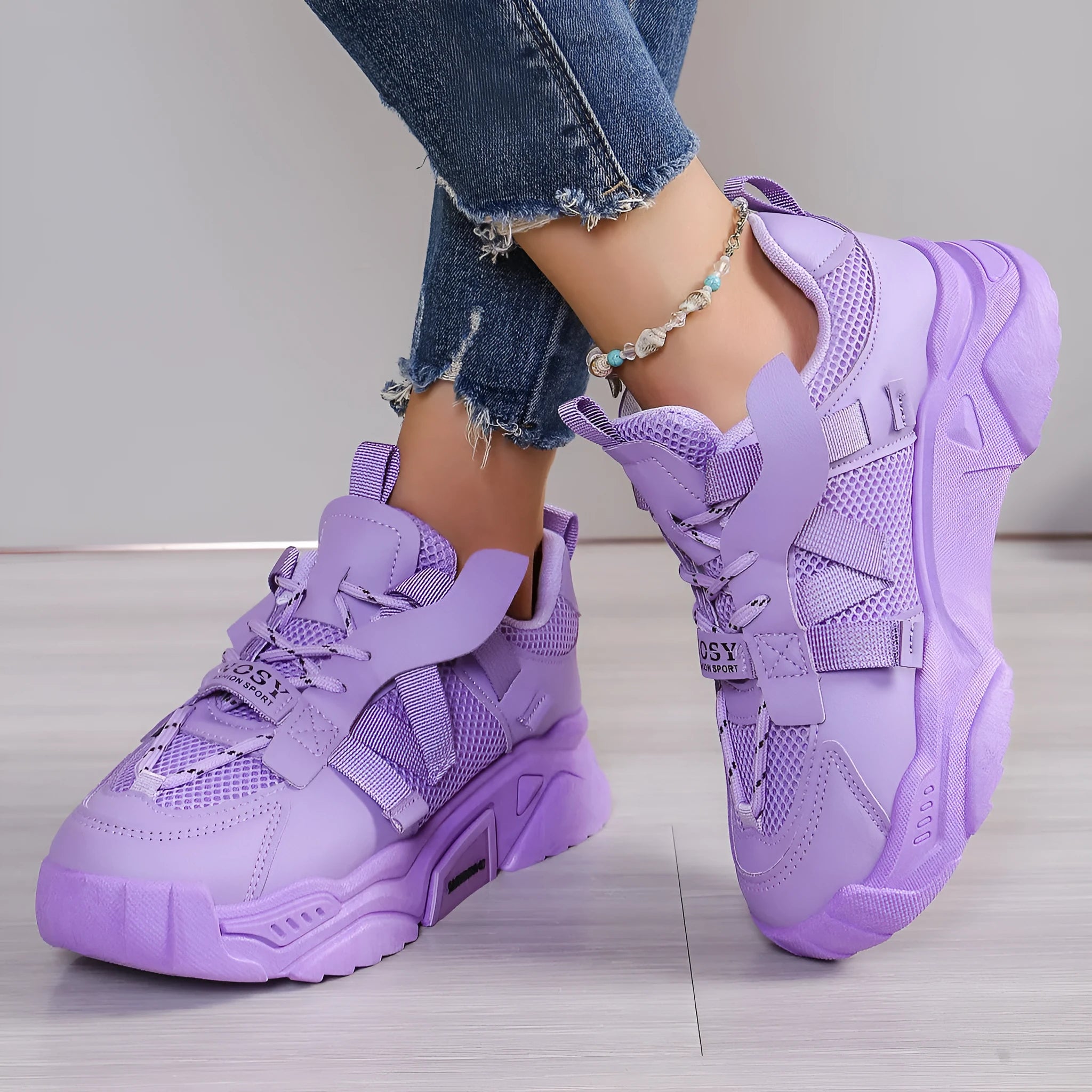 Women's purple platform mesh sports shoes with animal pattern design and lace-up front closure
