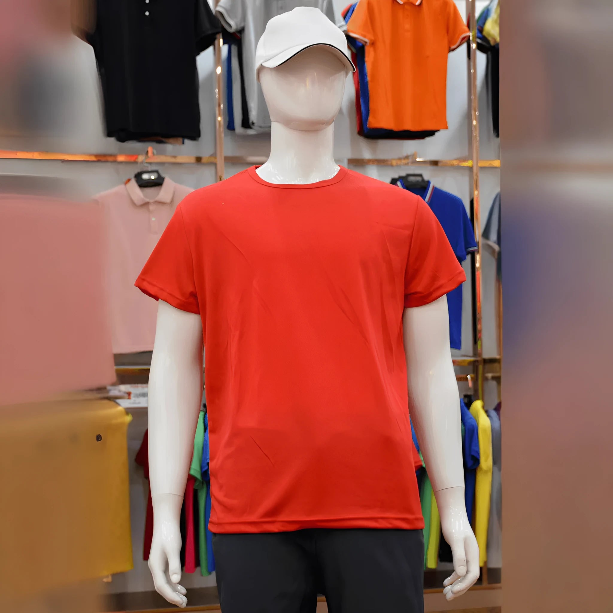 Man wearing a slim fit short sleeve round neck T-shirt in a solid colour.