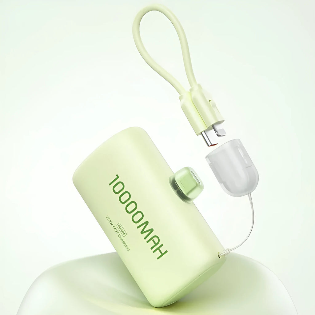 Portable mini capsule power bank in beige with ABS shell and compact design