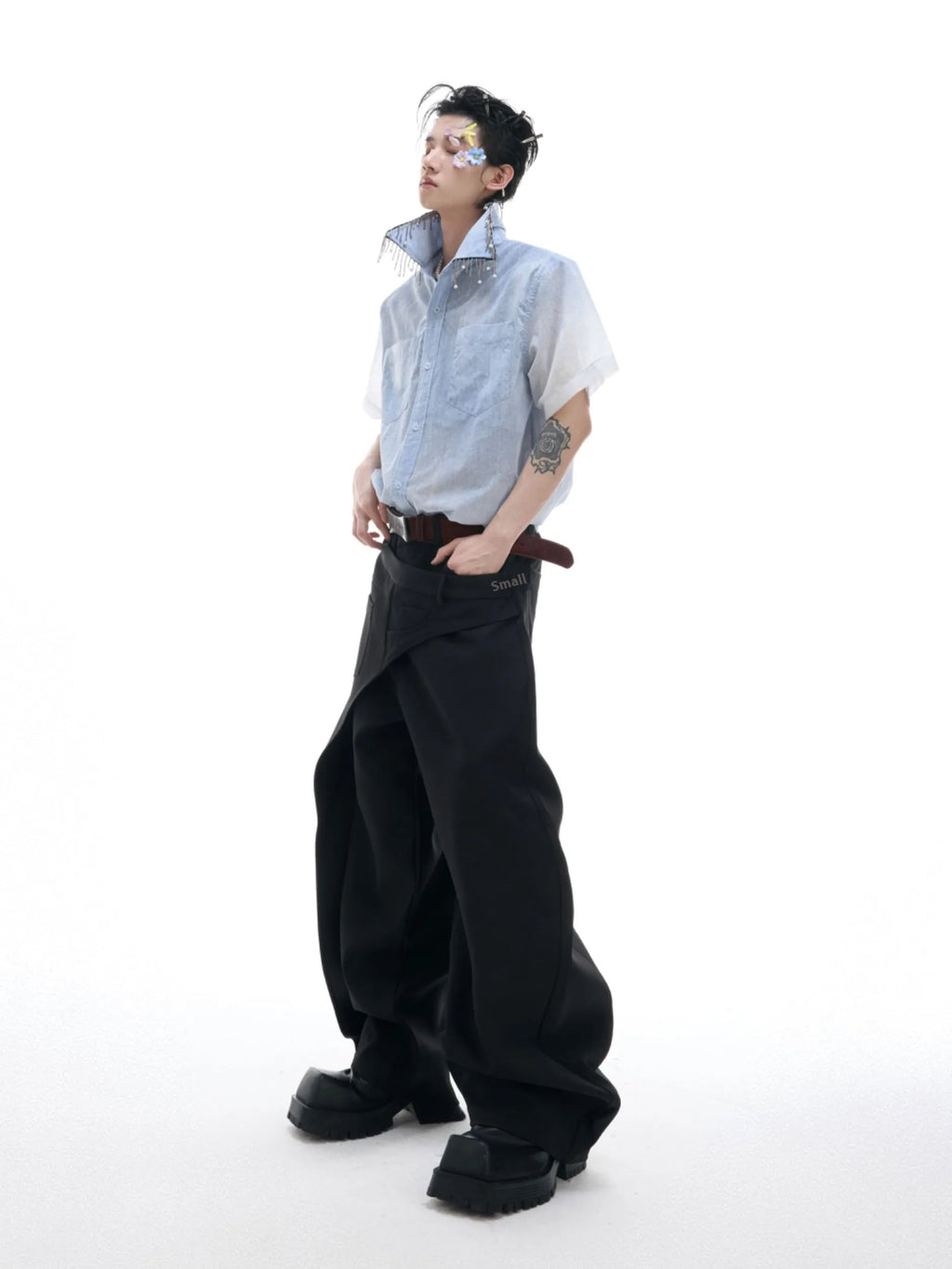 Man wearing a blue and white gradient loose-fit casual half-sleeve summer shirt