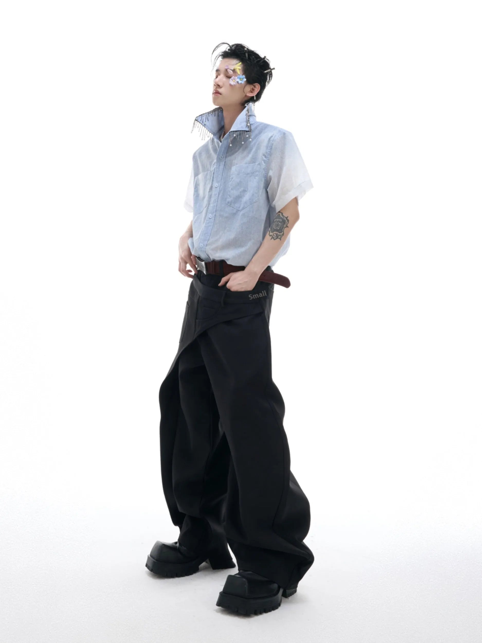 Man wearing a blue and white gradient loose-fit casual half-sleeve summer shirt