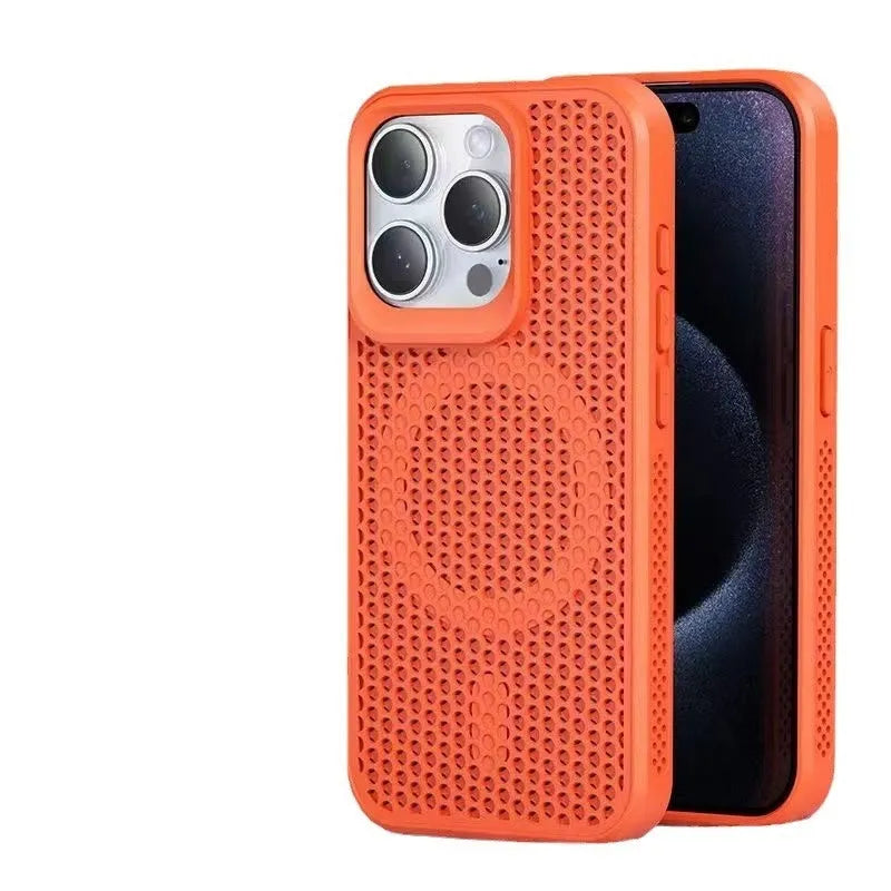 Honeycomb mesh magnetic phone case for iPhone in black, showing heat dissipation design and hard PC shell.