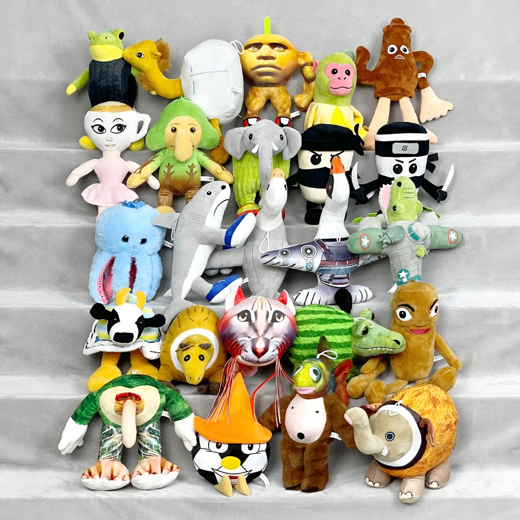 Shark figurine plush toys collection showing shark running shoes, orange muscle men, and cactus elephant designs
