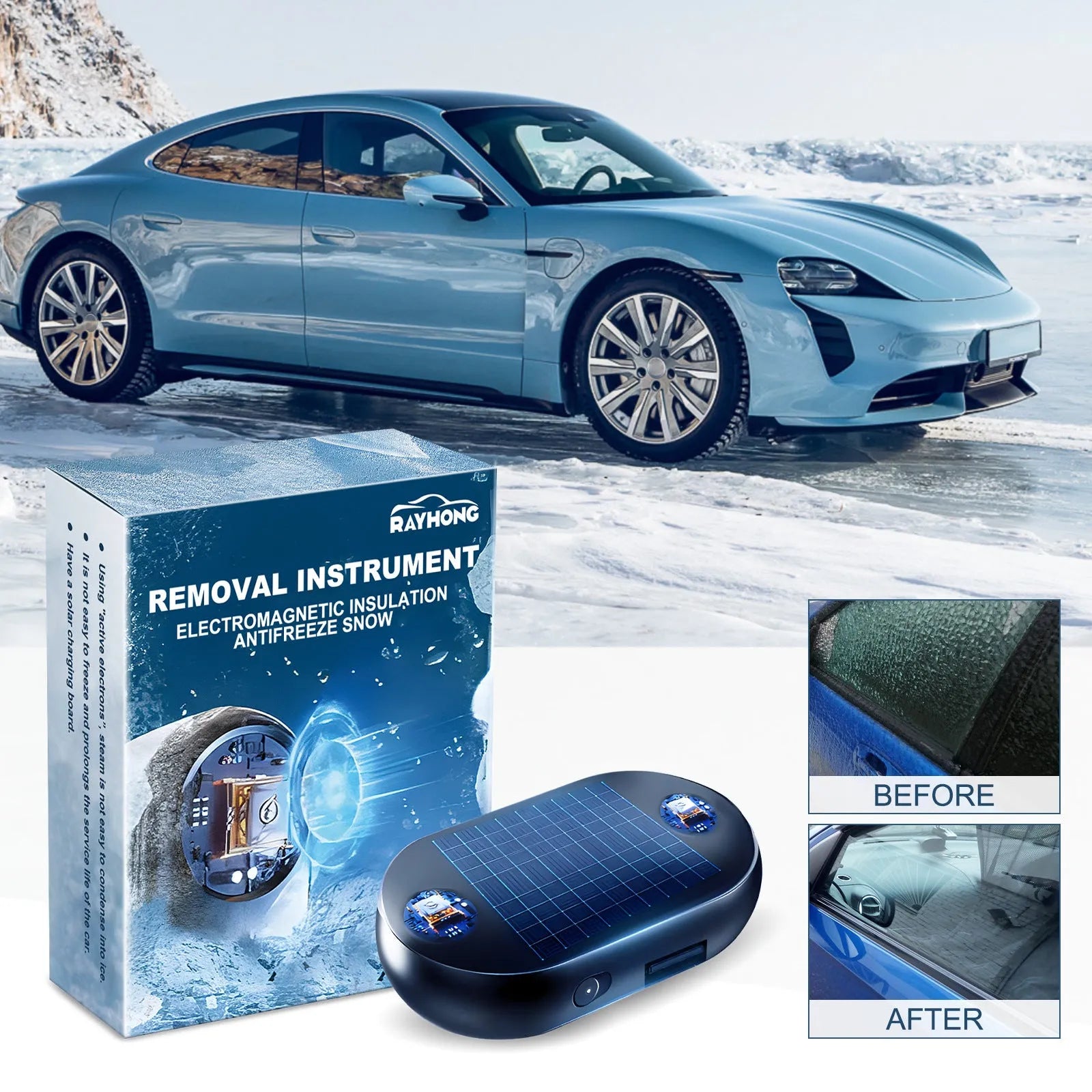 Compact car windscreen anti-freezing tool with adhesive tape and rotary switch