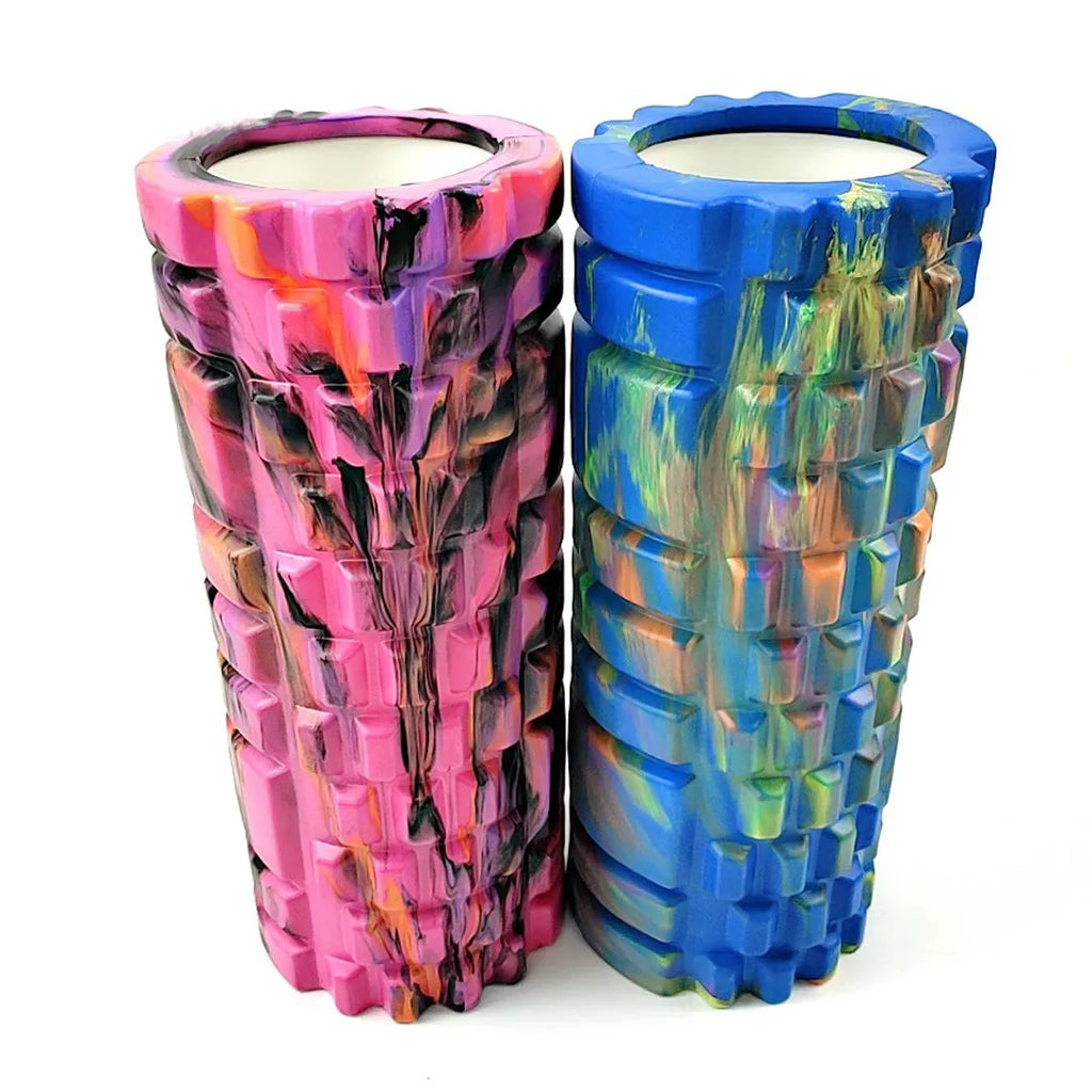 33cm camouflage pattern EVA foam roller in blue green yellow colour on a fitness mat.