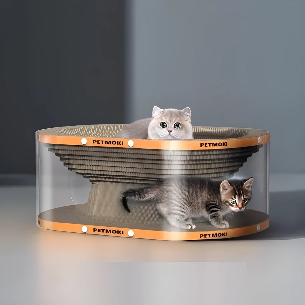 White and transparent PVC cat tunnel attached to a corrugated cardboard scratch board, measuring 58cm long.