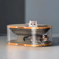 White and transparent PVC cat tunnel attached to a corrugated cardboard scratch board, measuring 58cm long.