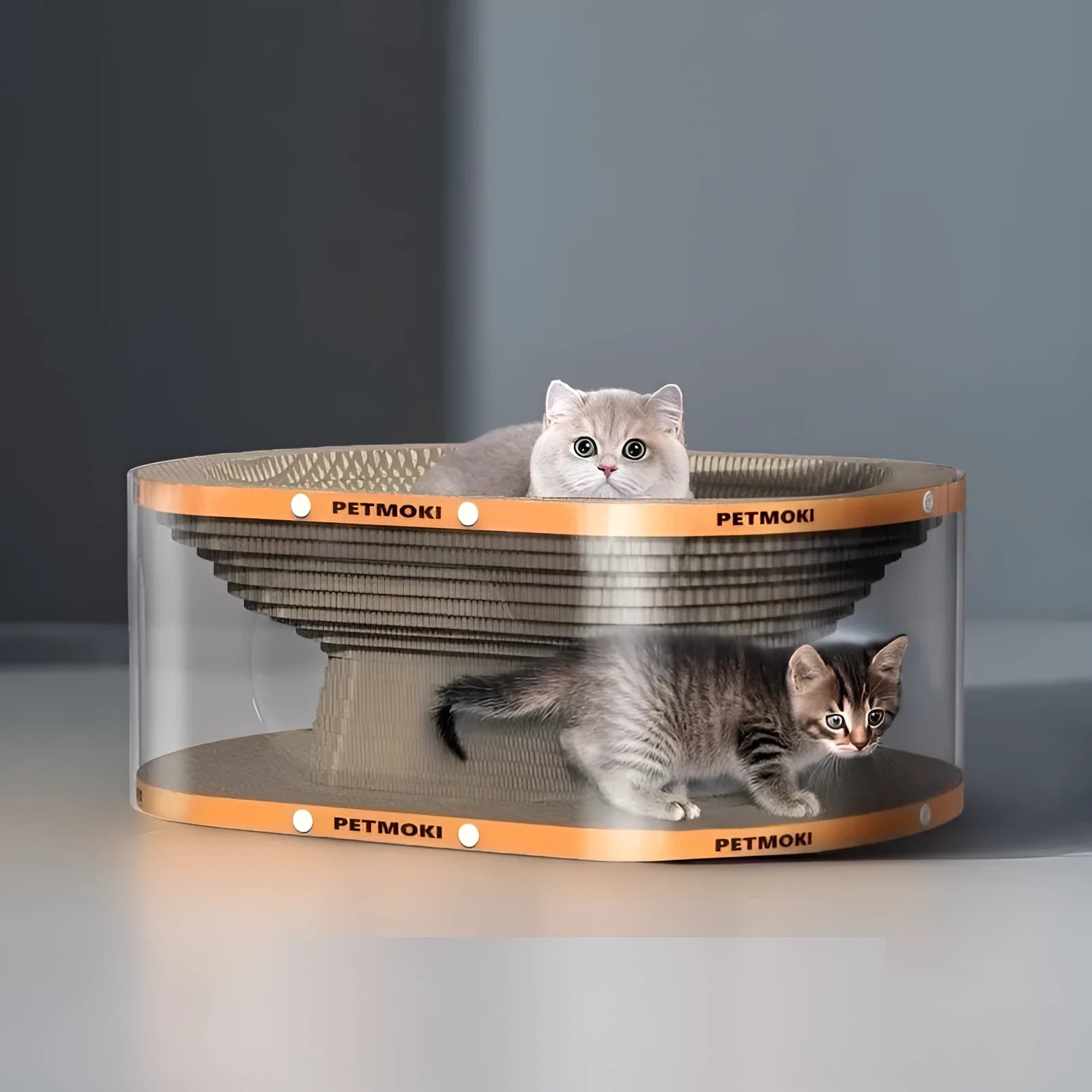 White and transparent PVC cat tunnel attached to a corrugated cardboard scratch board, measuring 58cm long.