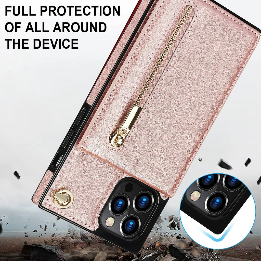Black leather mobile phone case shown on a smartphone, demonstrating its slim protective design.