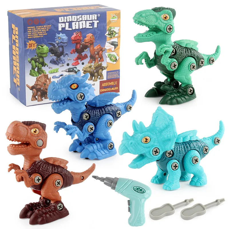 Six assembled dinosaur building block toys made from ABS plastic on a table