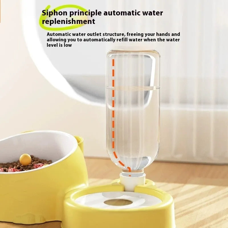 Grey and black automatic pet water fountain with two stainless steel bowls and a quiet submersible pump.
