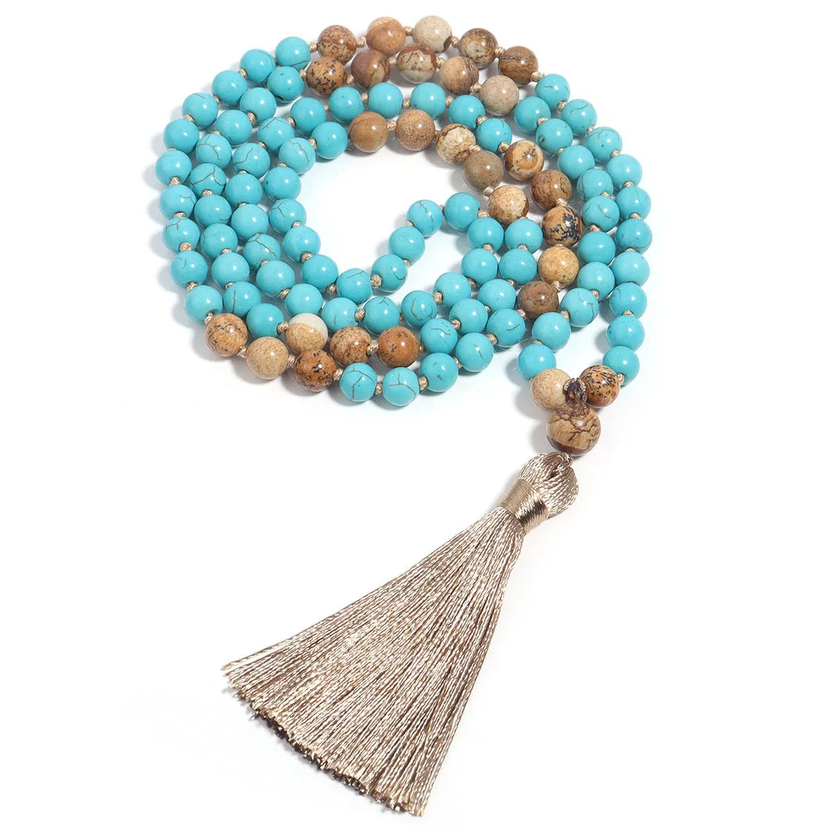 Long blue pine vintage turquoise painted stone mala necklace with 108 geometry beads on a ball bead chain.