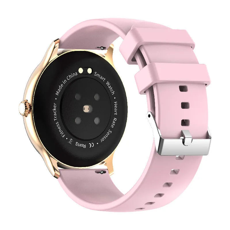 Smart Bluetooth sports watch on wrist showing health metrics on its circular 1.28-inch screen.