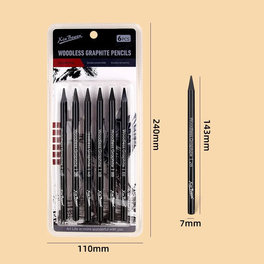 Set of wood-free graphite sketching pencils in grades HB, 2B, 4B, 6B, 8B, and EE.