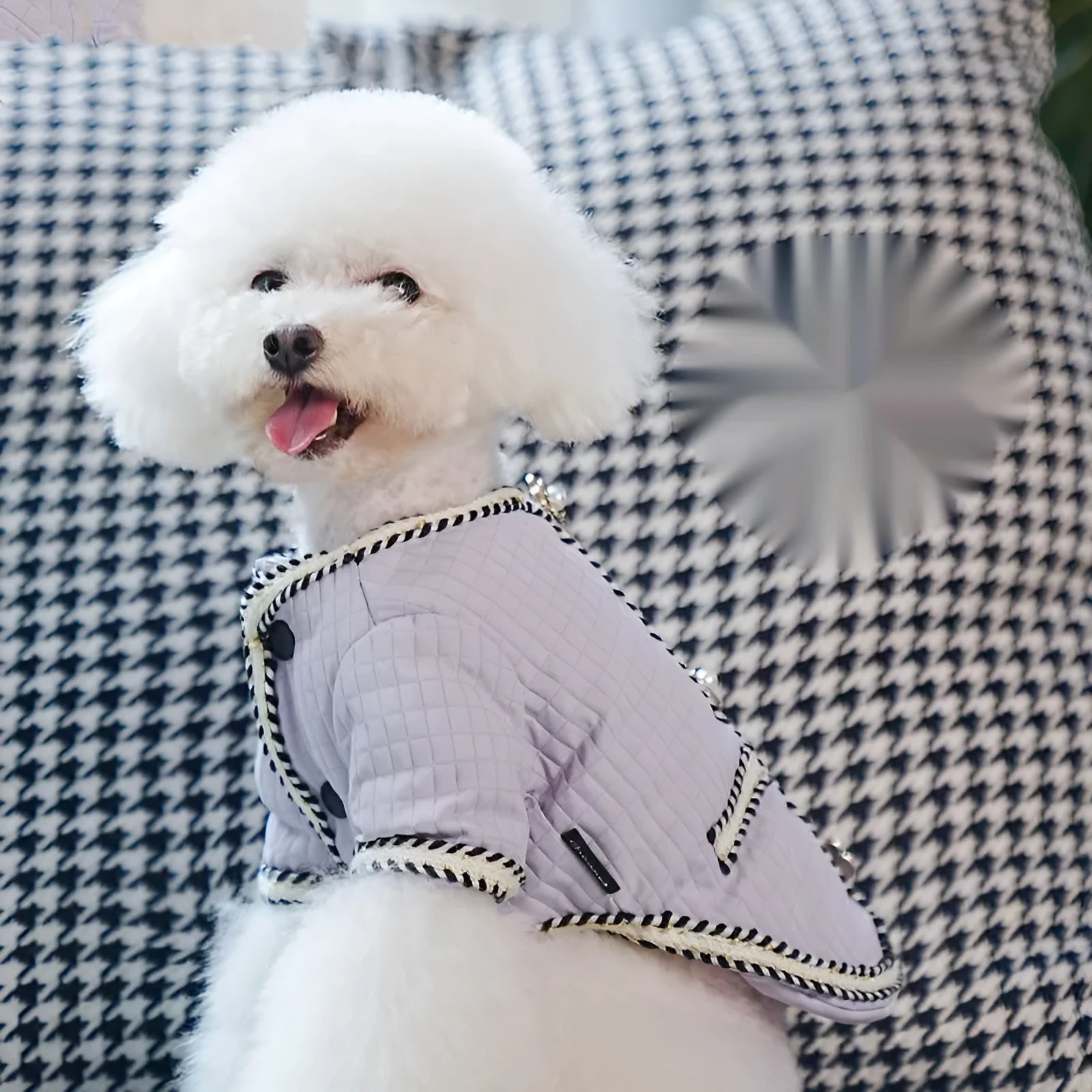 Cartoon print quilted dog coat in light purple colour for winter warmth