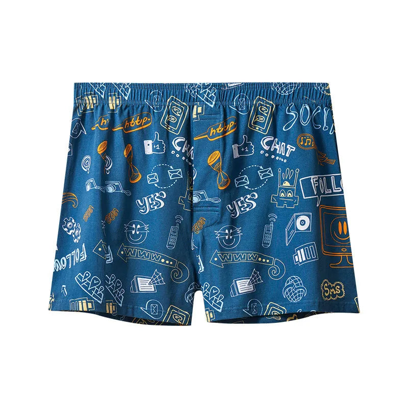 Men's cotton boxer shorts in multiple patterns including floral, camouflage, and cosmic starry sky designs