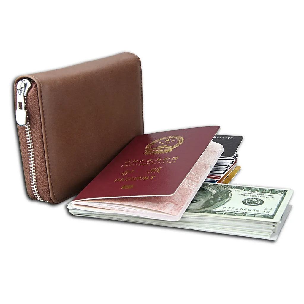 Cowhide expanding card holder and passport wallet in ink black, retro coffee, dark blue, olive green, pomegranate red, bean sand, or apricot yellow.