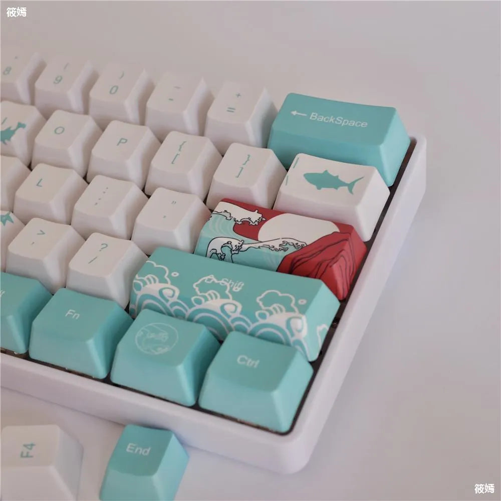 Coral Sea themed PBT keycaps with five-sided sublimation printing for mechanical keyboards