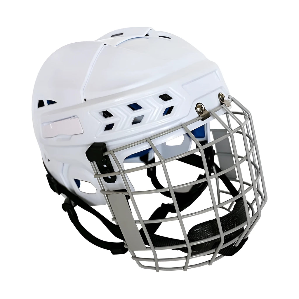 Ice hockey helmet with an integrated carbon steel face mask shown in size L.