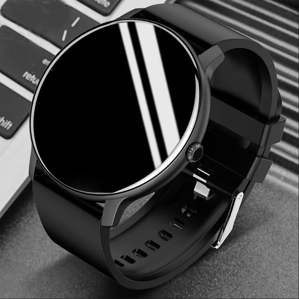 Smart Bluetooth sports watch on wrist showing health metrics on its circular 1.28-inch screen.