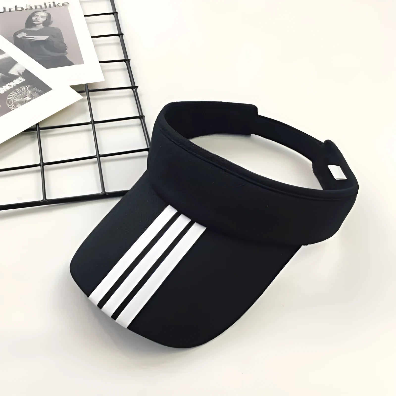 Striped wide brim sun visor beanie hat in khaki colour with no top design