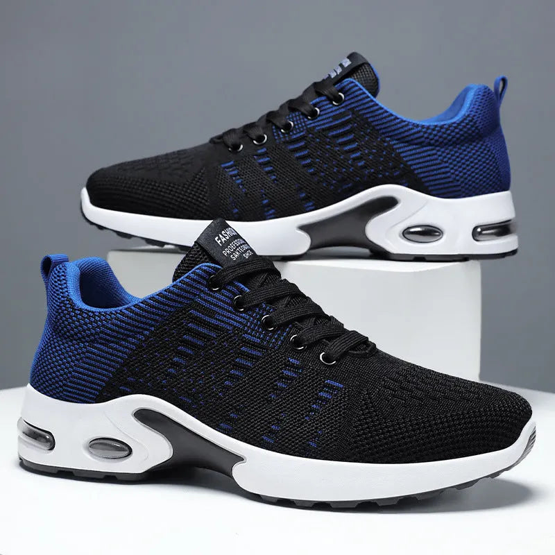 Men's low-top Flyknit mesh sneakers in black and blue colour, showcasing the lace-up design and round toe.