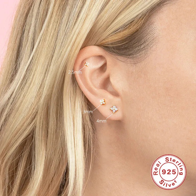S925 sterling silver flower stud earrings with crystal accents in gold or platinum finish