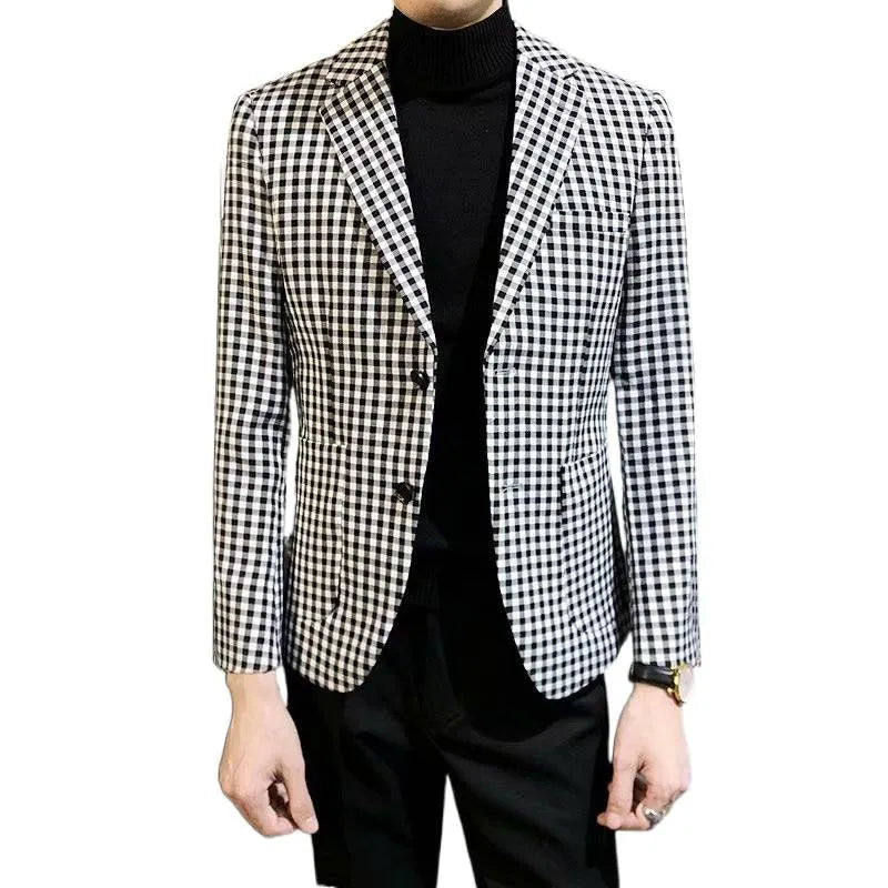 Black and white plaid casual slim-fit jacket for youth, cotton blend, regular length, sizes M to 2XL