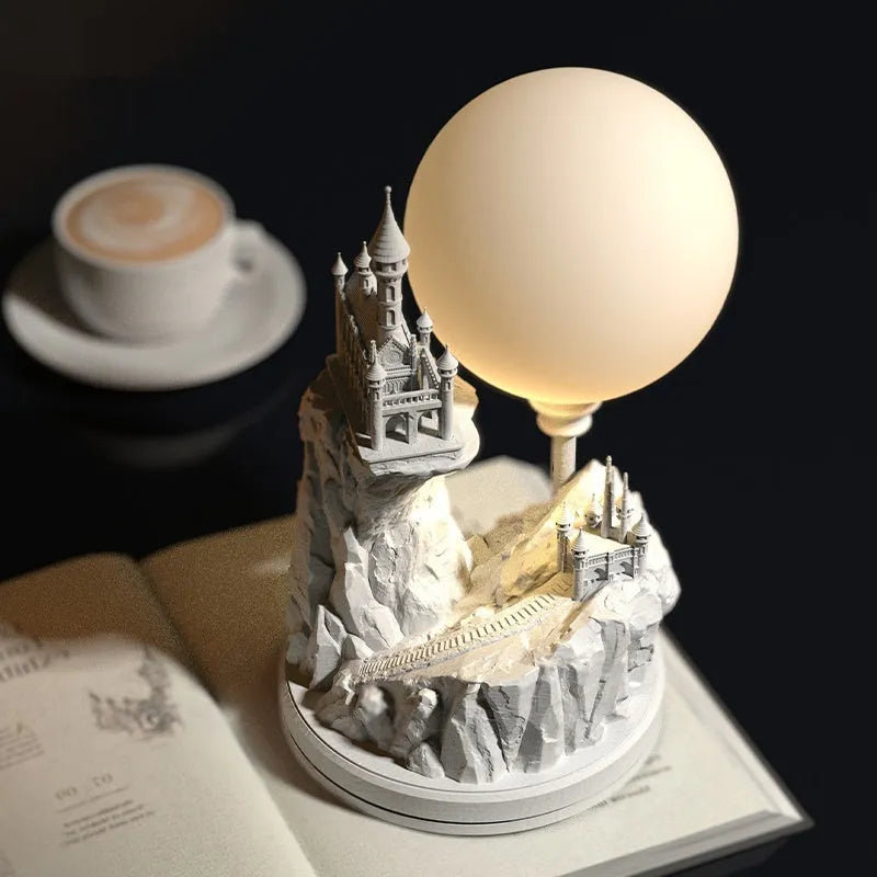 White composite gypsum table night lamp with plug and wire switch on a surface.