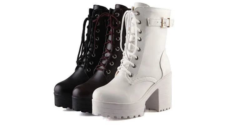 Women's chunky heel PU martin boots square toe in black, brown, and white sizes 34-43