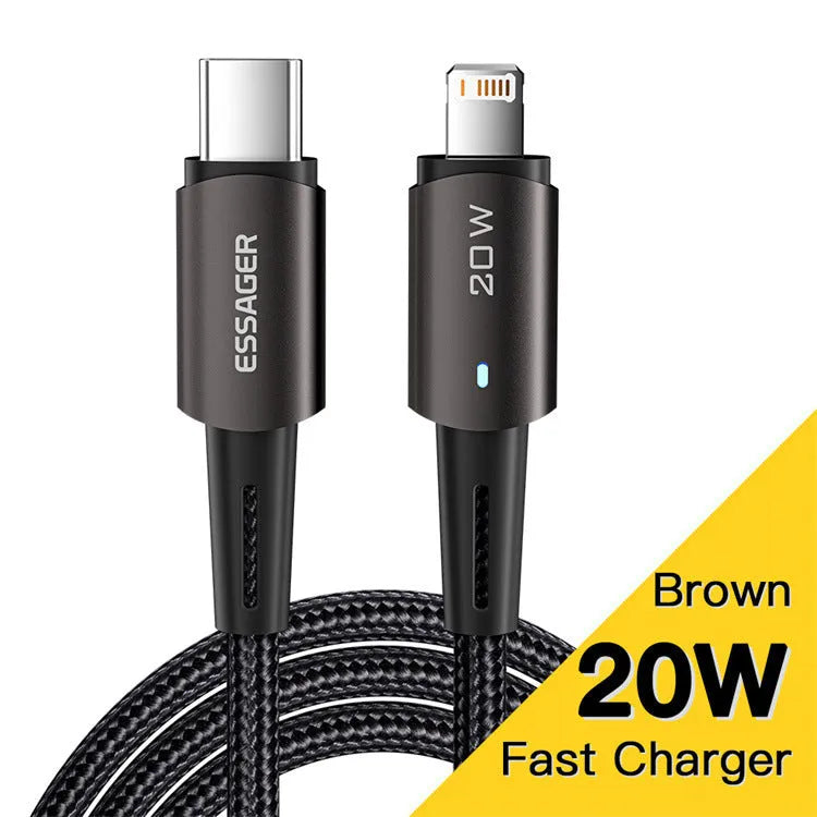 USB-C to Lightning fast charging cable with aluminium alloy connectors in black, showing length options.