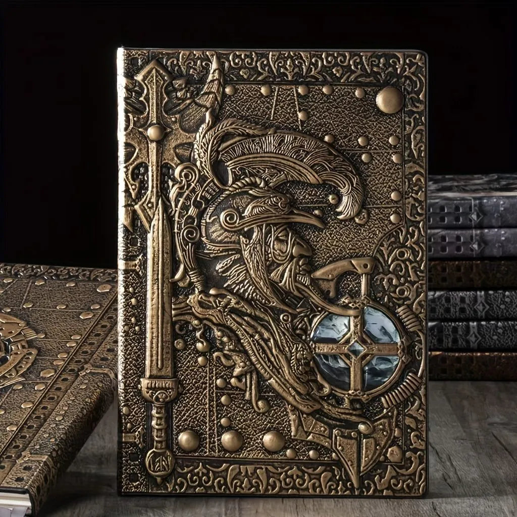 A5 leather notebook with embossed 3D warriors design on the cover, shown in a choice of colours.