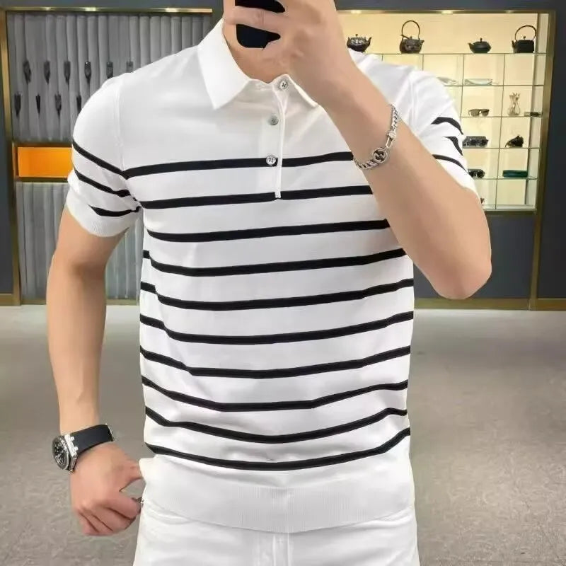 Black and white striped lapel knitted t-shirt with pullover design