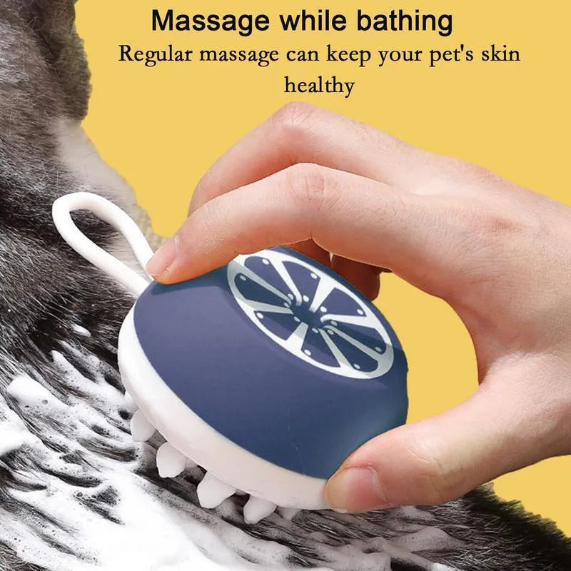 Blue dog shampoo brush with silicone massage points and plastic handle for washing pets