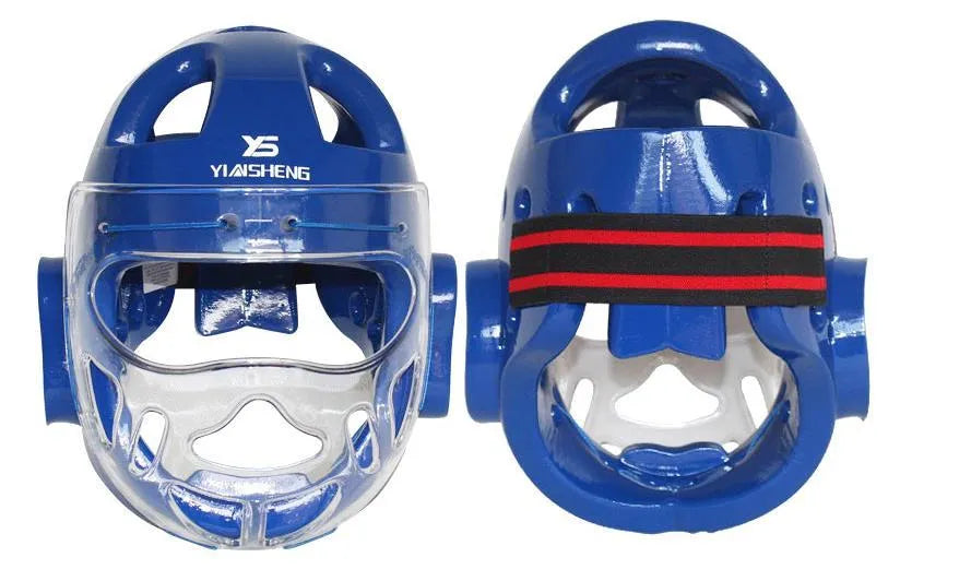 Karate helmet for boxing training in white, blue, or red colours with size options S, M, L, XL
