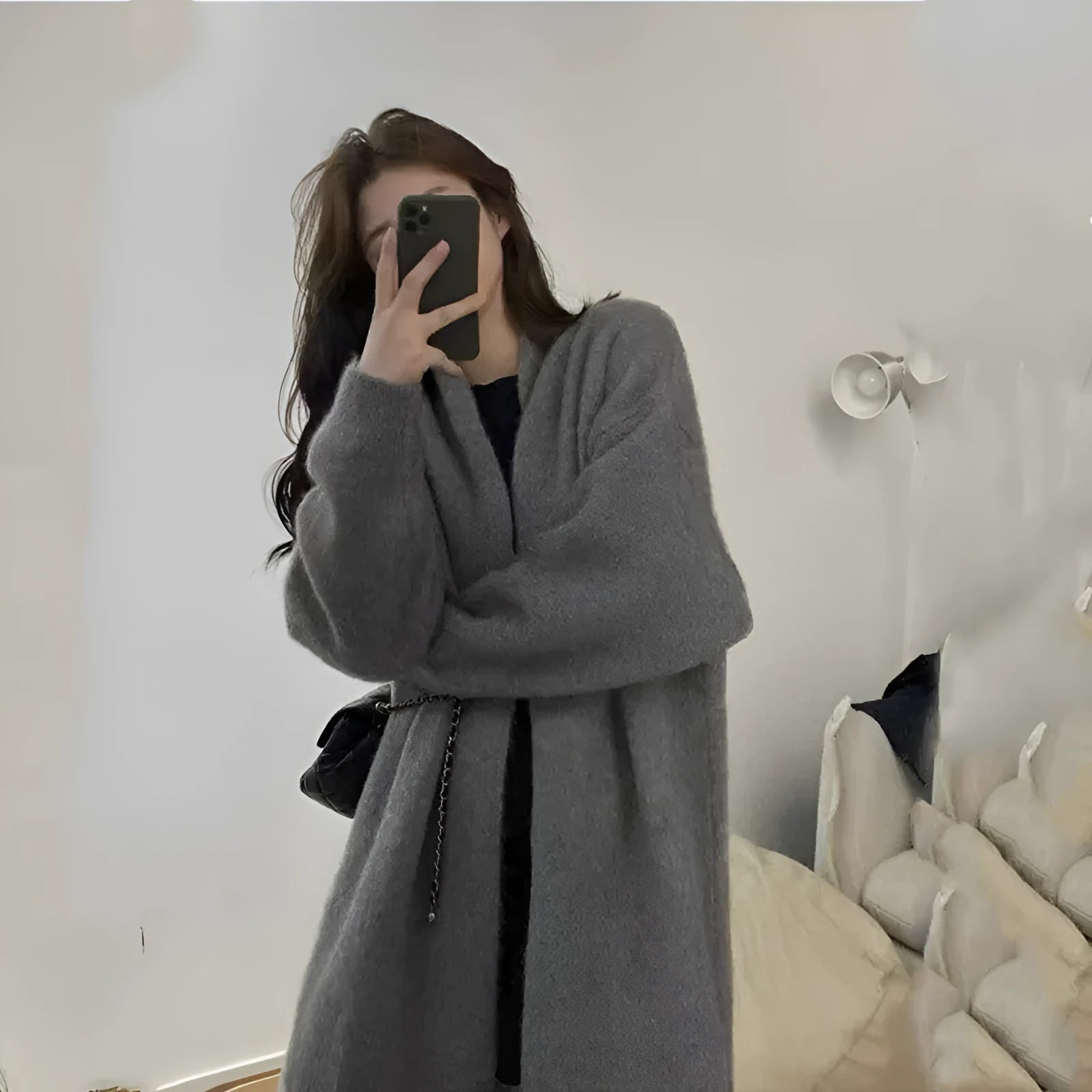 Women's loose dark grey thick knitted chenille cardigan with long sleeves