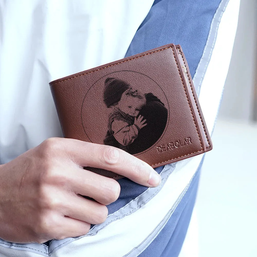 Men's genuine leather zip closure wallet showing card slots and cash compartment.