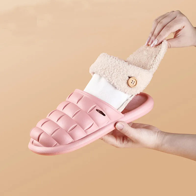 Pink and grey plaid detachable slippers with a soft plush interior and a textured white EVA non-slip sole.