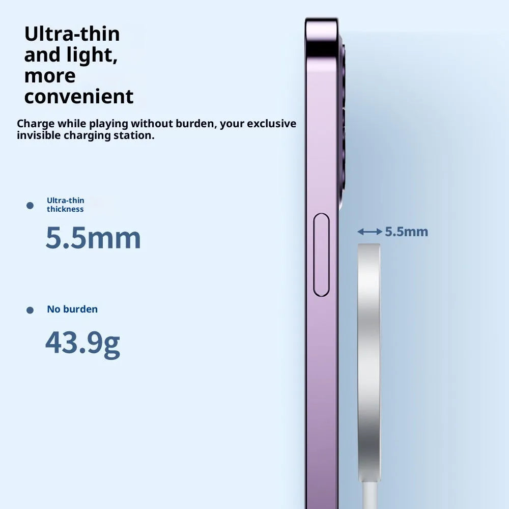 White simulation Apple-style 15W magnetic wireless charger on a table with a smartphone
