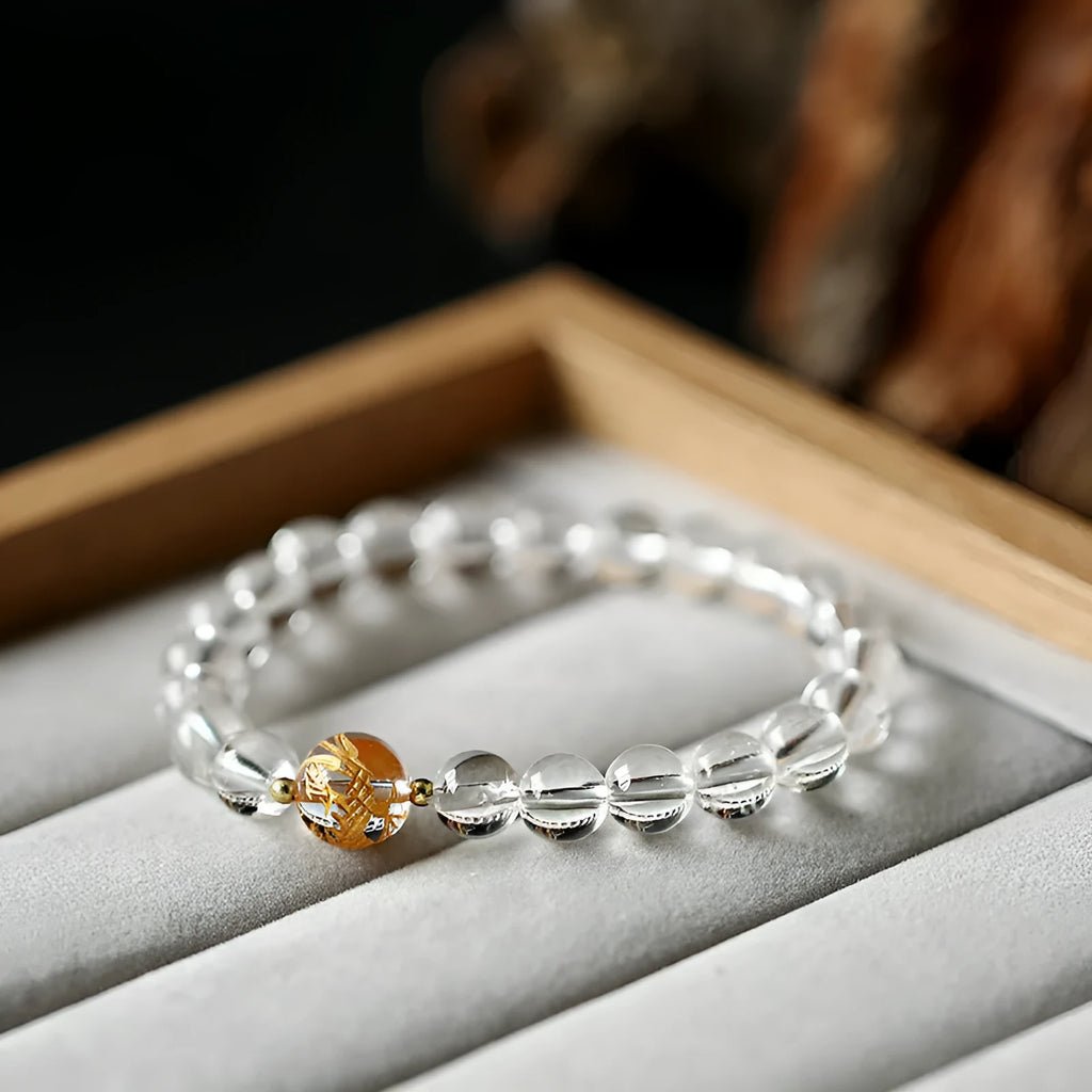 Geometry bracelet with obsidian and white crystal beads, dragon charm, adjustable 14-16cm wrist