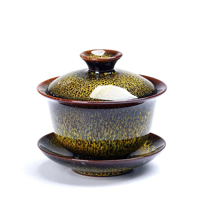 Three-piece ceramic tea set with covered bowl and teacups, transmutation glaze finish in five colours