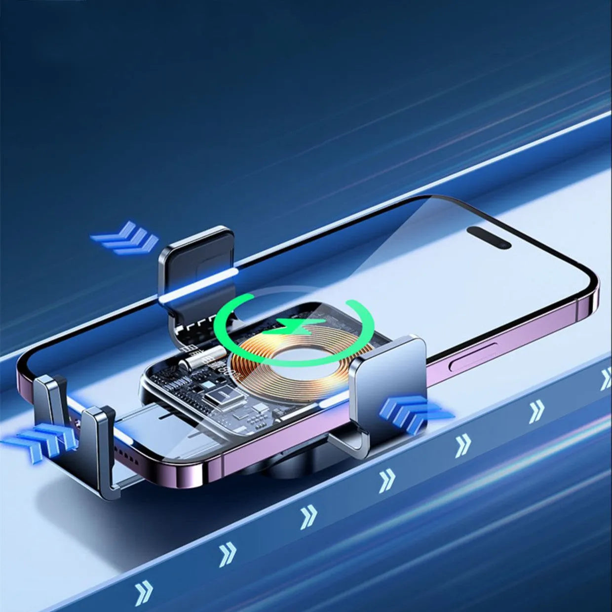 Black car wireless charging phone mount attached to vehicle air vent with phone inserted