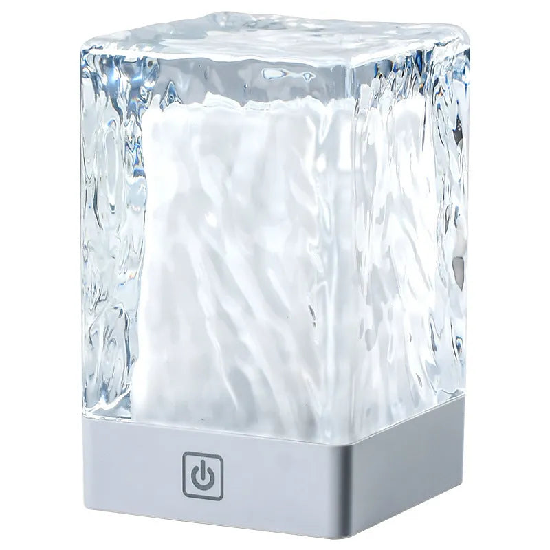 Mini crystal lamp with USB cable and touch control, plastic body, 80x80x12mm size on a desk