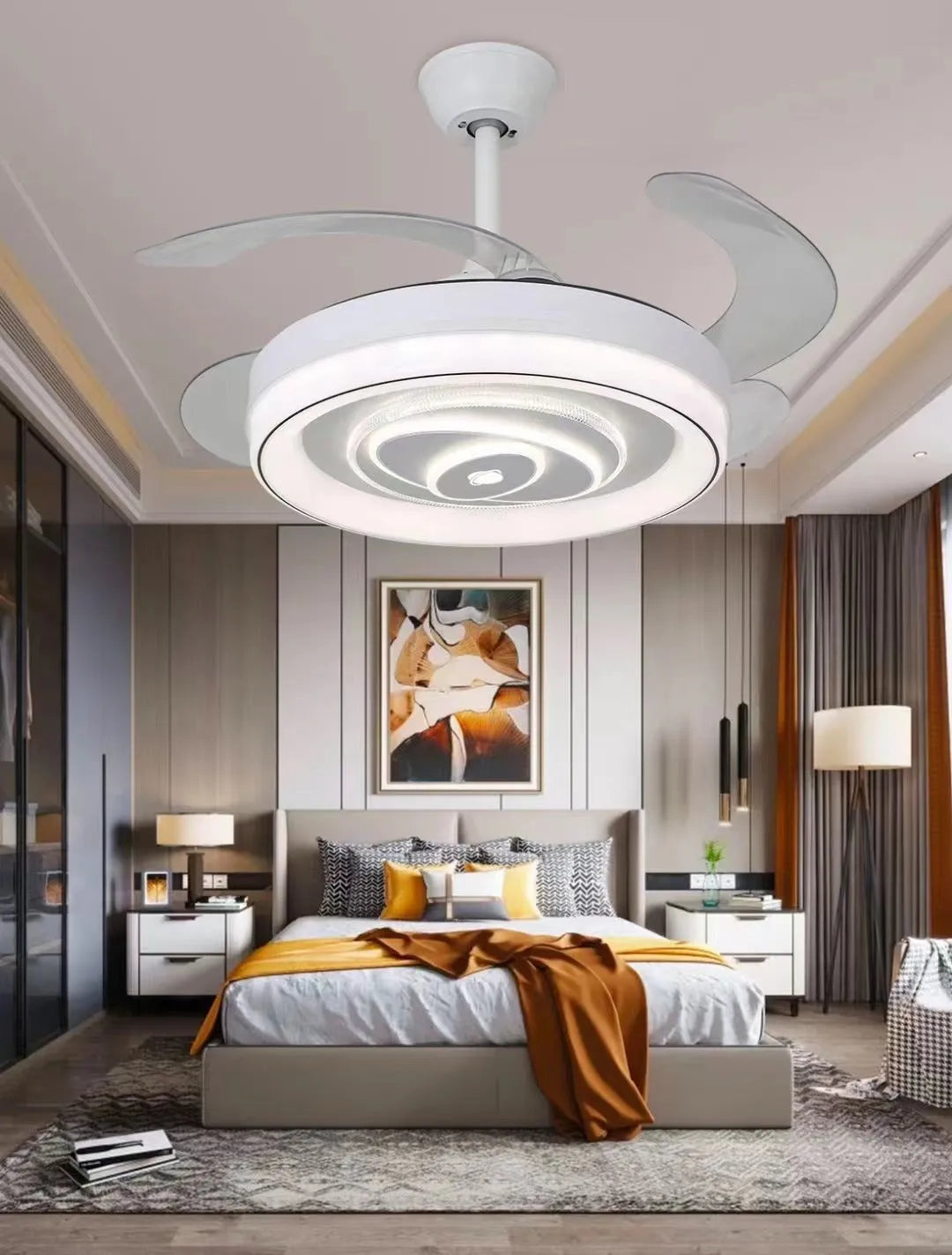 Nordic ceiling fan light with ABS blades in 42-inch or 48-inch diameter sizes