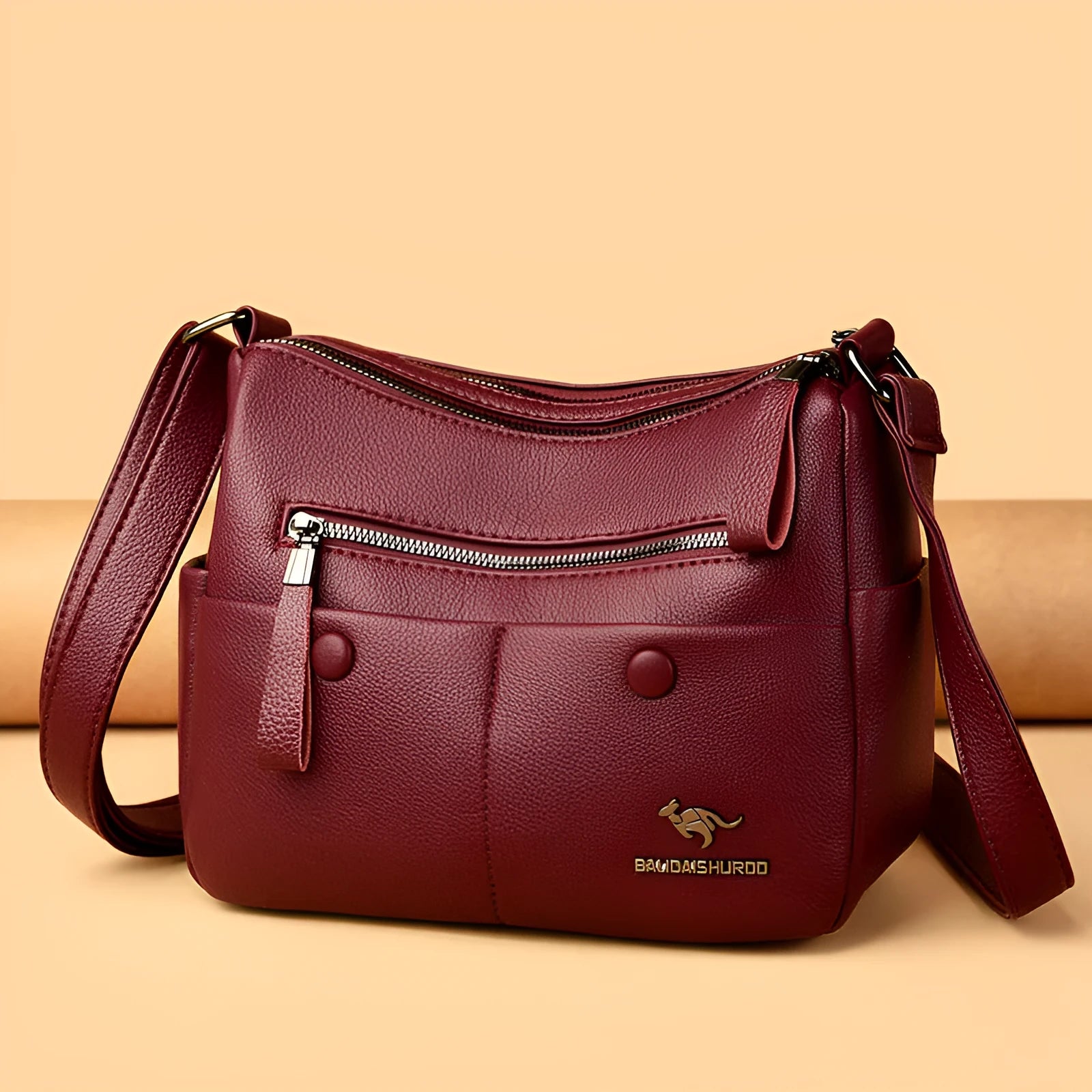 Soft black PU leather women's crossbody bag showing external pockets and a horizontal square shape.